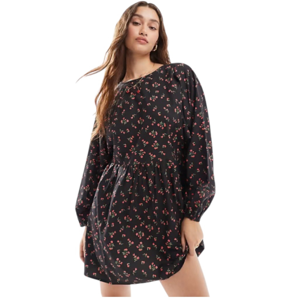 Daisy Street mini smock dress in black red floral ditsy New Size M